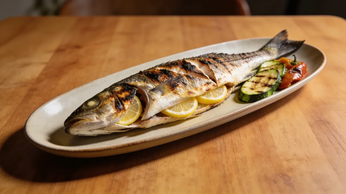Grilled sea bass with vegetables